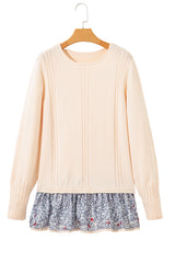Beige Cable Texture Bohemian Ruffle Hem Patchwork Sweater Sweaters JT's Designer Fashion