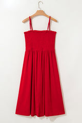 Racing Red Textured Shirred Ruffled Trim Spaghetti Strap Midi Dress Midi Dresses JT's Designer Fashion