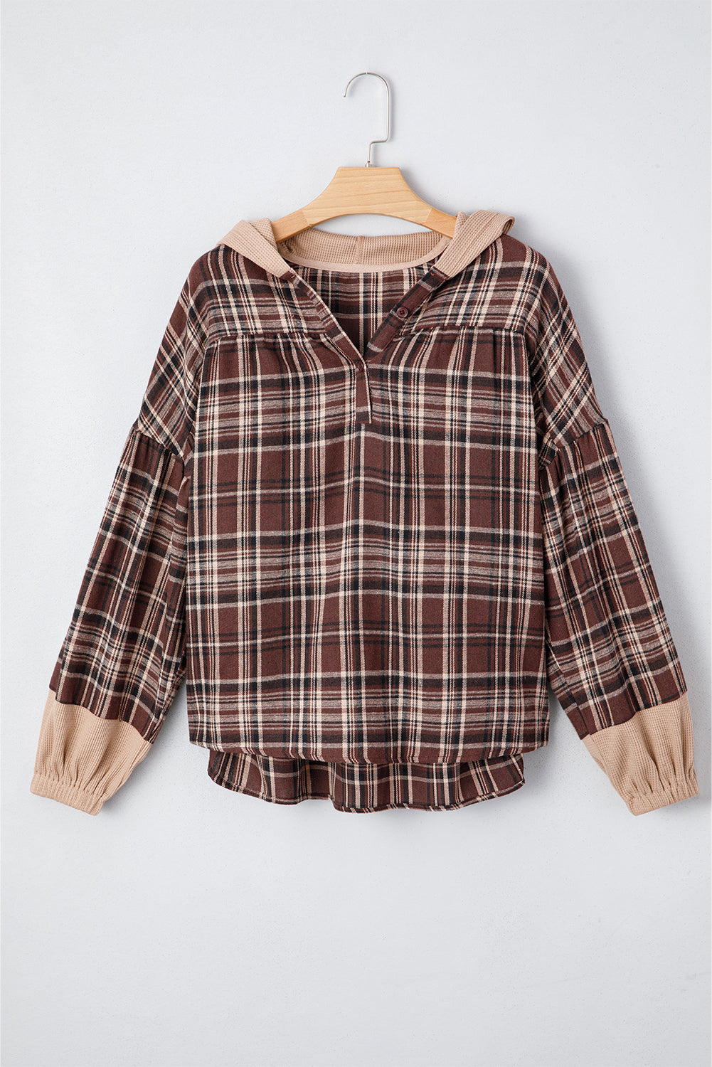 Brown Plaid Patchwork Long Sleeve Button Hooded Blouse Blouses & Shirts JT's Designer Fashion