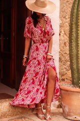 Red Paisley Print Side Slit Puff Sleeve High Waist Long Dress Maxi Dresses JT's Designer Fashion