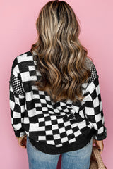 Black Checkered Print Drop Shoulder Round Neck Sweater Sweaters JT's Designer Fashion