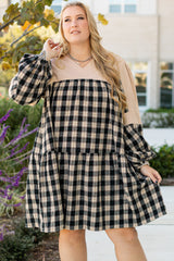 Black Plaid Waffle Knit Patchwork Collared V Neck Plus Size Mini Dress Plus Size Mini Dresses JT's Designer Fashion