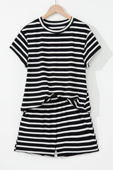 Black White Striped Short Sleeve Top and Shorts Set Short Sets JT's Designer Fashion