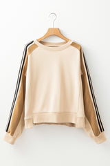 Beige Contrast Striped Patchwork Drop Shoulder Loose Sweatshirt Sweatshirts & Hoodies JT's Designer Fashion