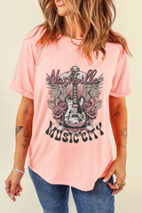 Pink Nashville MUSIC CITY Guitar Graphic Crewneck Tee Graphic Tees JT's Designer Fashion