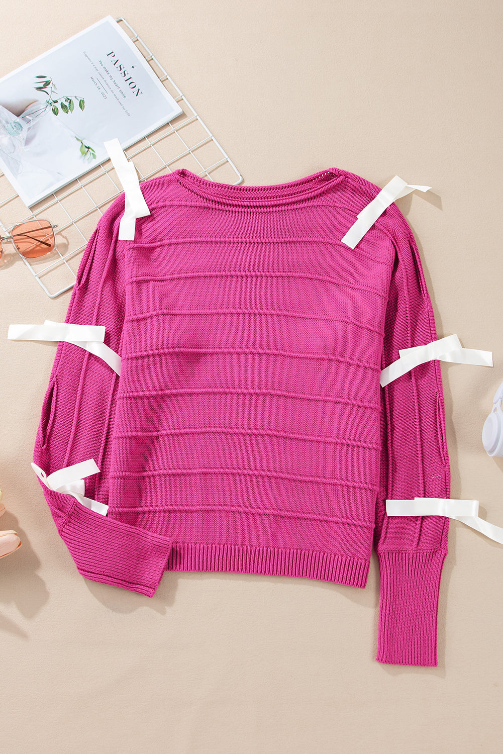 Rose Red Bow Knot Cut Out Round Neck Loose Sweater Sweaters JT's Designer Fashion