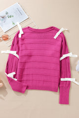 Rose Red Bow Knot Cut Out Round Neck Loose Sweater Sweaters JT's Designer Fashion