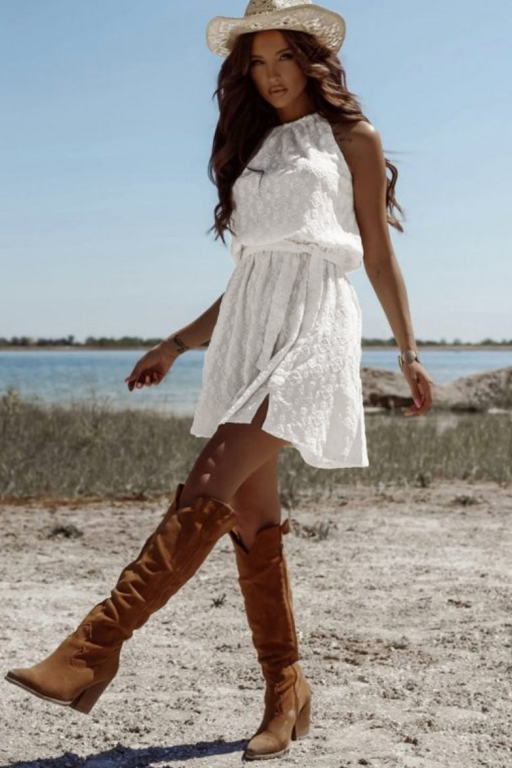 White Lace Sleeveless Knot Hollow Out Back Tied Waist Mini Dress Mini Dresses JT's Designer Fashion