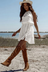 White Lace Sleeveless Knot Hollow Out Back Tied Waist Mini Dress Mini Dresses JT's Designer Fashion