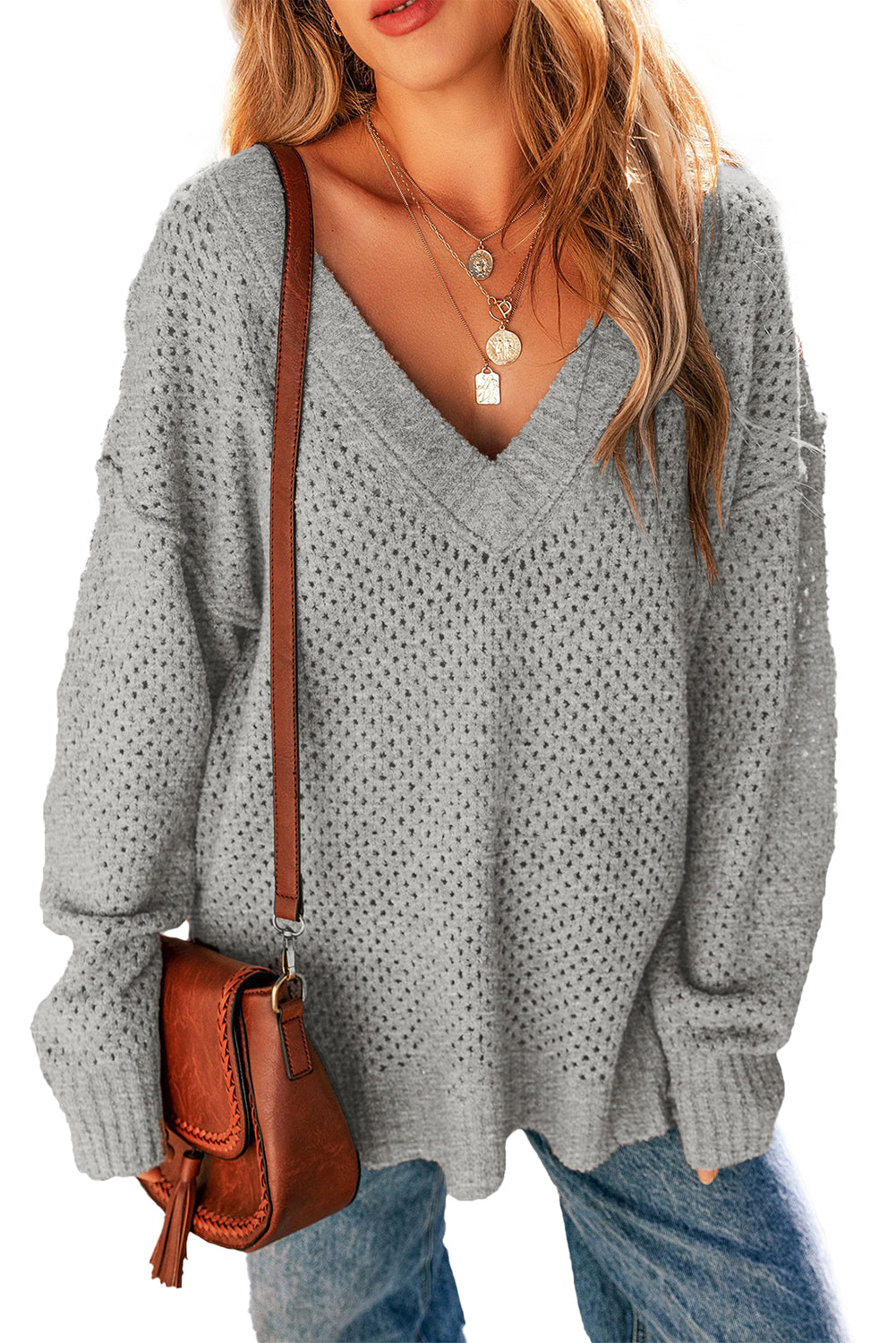 Light Grey Loose Eyelet V Neck Drop Shoulder Sweater Sweaters JT's Designer Fashion