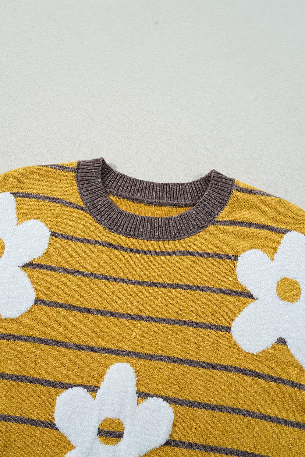Yellow Stripe Daisy Floral Knitted Round Neck Sweater Sweaters JT's Designer Fashion