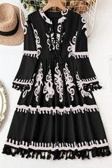 Black Plus Size Western Floral Print Fringed V Neck Dress Plus Size Mini Dresses JT's Designer Fashion