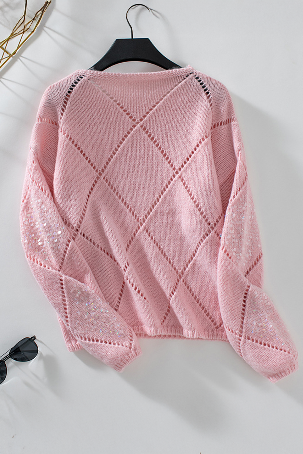 Light Pink Hollowed Rhombus Pattern Sequin Detail Round Neck Sweater Sweaters JT's Designer Fashion