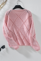 Light Pink Hollowed Rhombus Pattern Sequin Detail Round Neck Sweater Sweaters JT's Designer Fashion