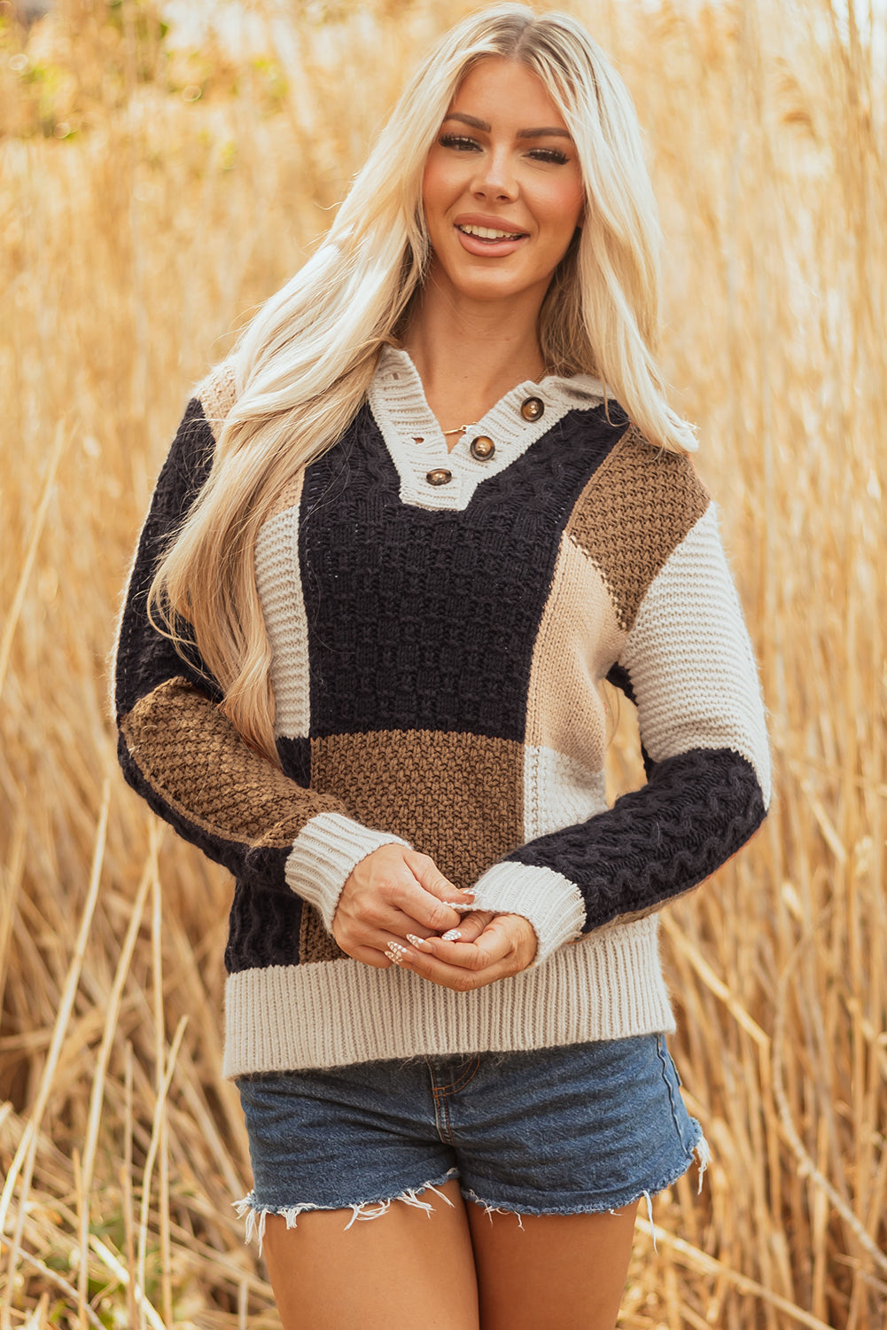 Multicolour Color Block Cable Knit Sleeve Buttons Collared Sweater Sweaters JT's Designer Fashion