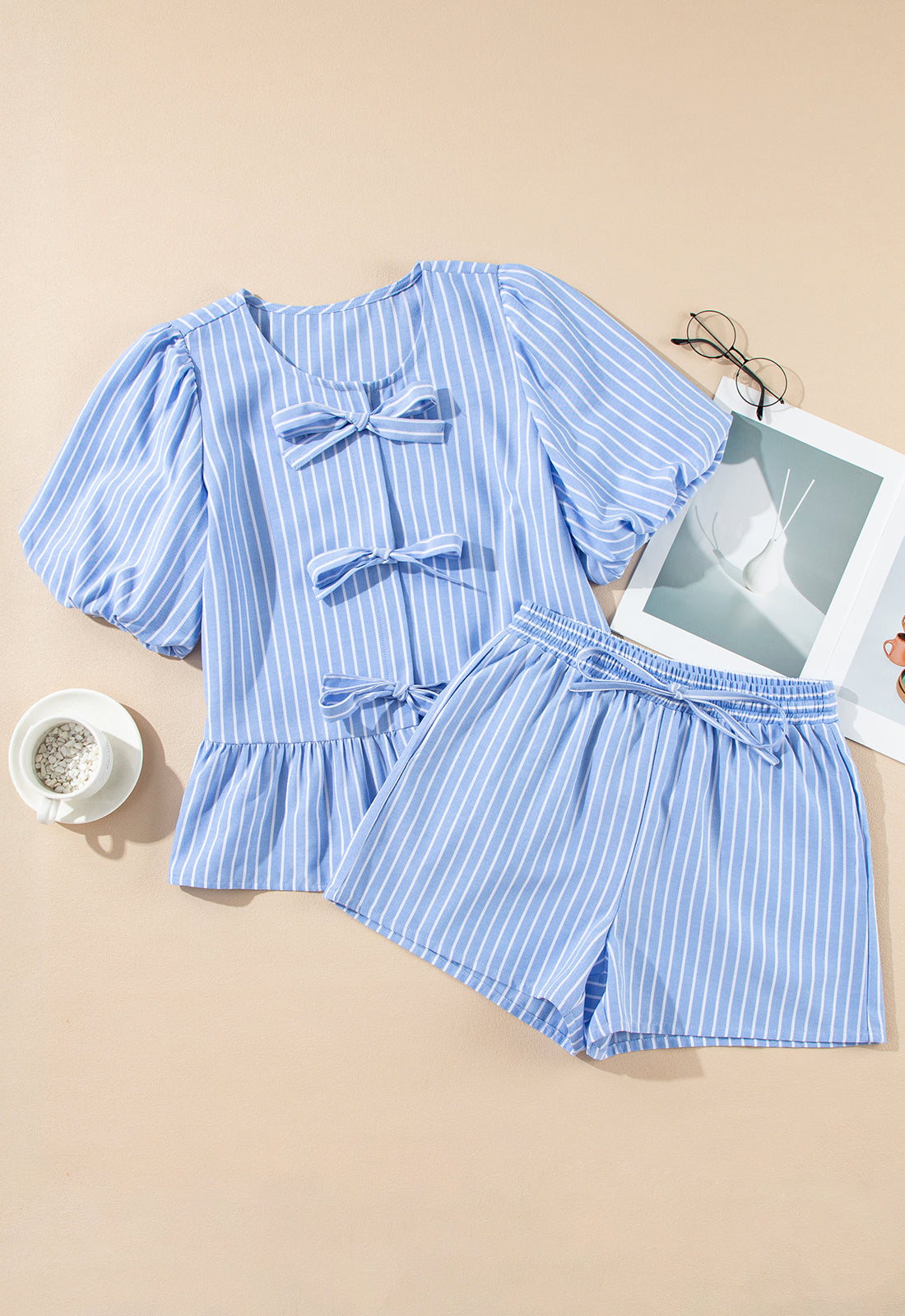 Sky Blue Striped Bowknot Detail Puffy Sleeve Top and Shorts 2Pcs Set Short Sets JT's Designer Fashion