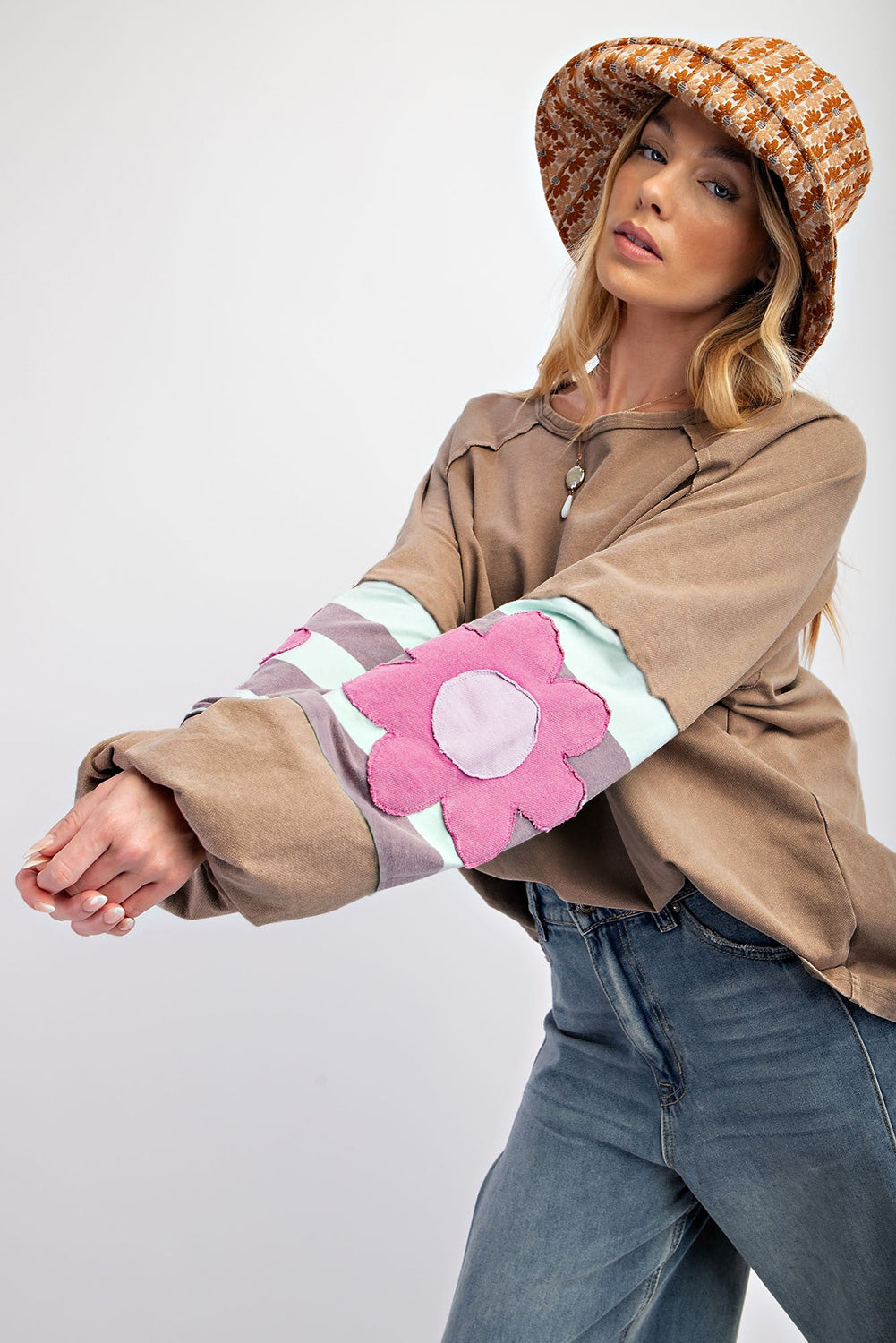 Dune Flower Patchwork Raglan Sleeve Exposed Seam Oversized Top Long Sleeve Tops JT's Designer Fashion