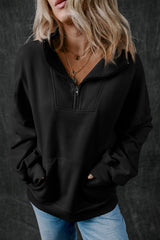 Black Zip-up Stand Neck Kangaroo Pocket Sweatshirt Sweatshirts & Hoodies JT's Designer Fashion
