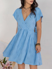 Cutout Surplice Short Sleeve Dress Mini Dresses JT's Designer Fashion