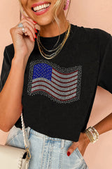 Black Rhinestone American Flag Casual Round Neck Tee Graphic Tees JT's Designer Fashion