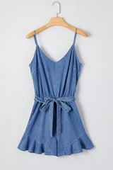 Ashleigh Blue Spaghetti Straps V Neck Belted Ruffled Leg Chambray Romper Bottoms JT's Designer Fashion