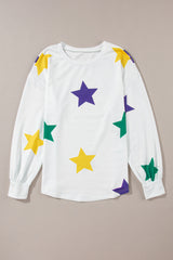 White Mardi Gras Star Printed Long Sleeve Top Long Sleeve Tops JT's Designer Fashion