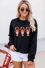 Black Cute Bow Crawfish Printed Drop Shoulder Sweatshirt Graphic Sweatshirts JT's Designer Fashion