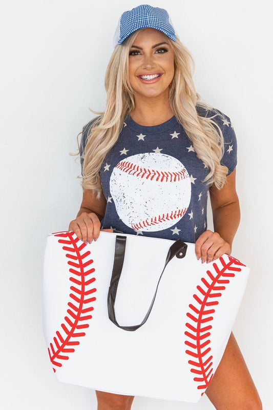 White Baseball Pattern Canvas Large Tote Bag Handbags JT's Designer Fashion
