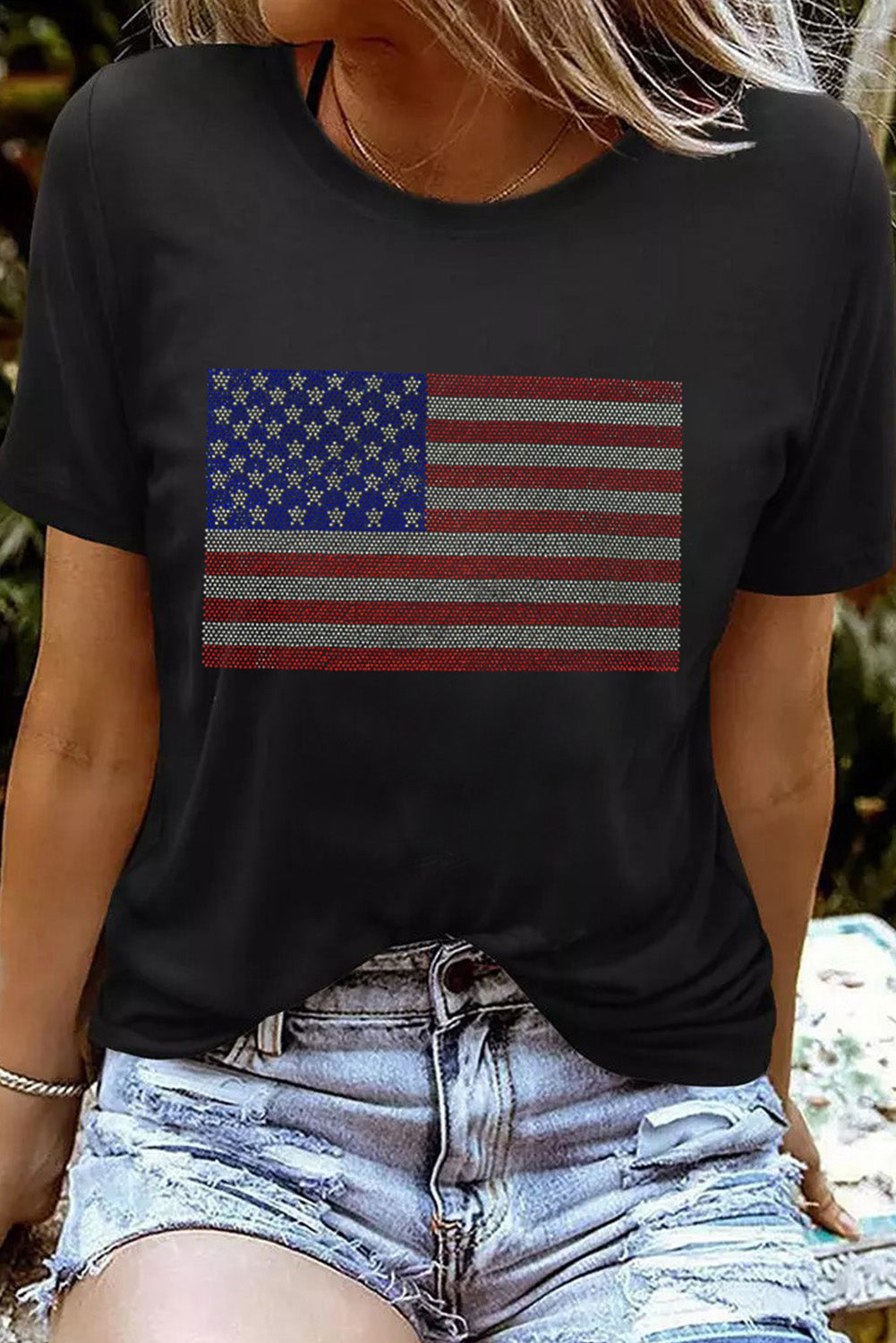 Black Rhinestone American Flag Round Neck Casual Tee Graphic Tees JT's Designer Fashion