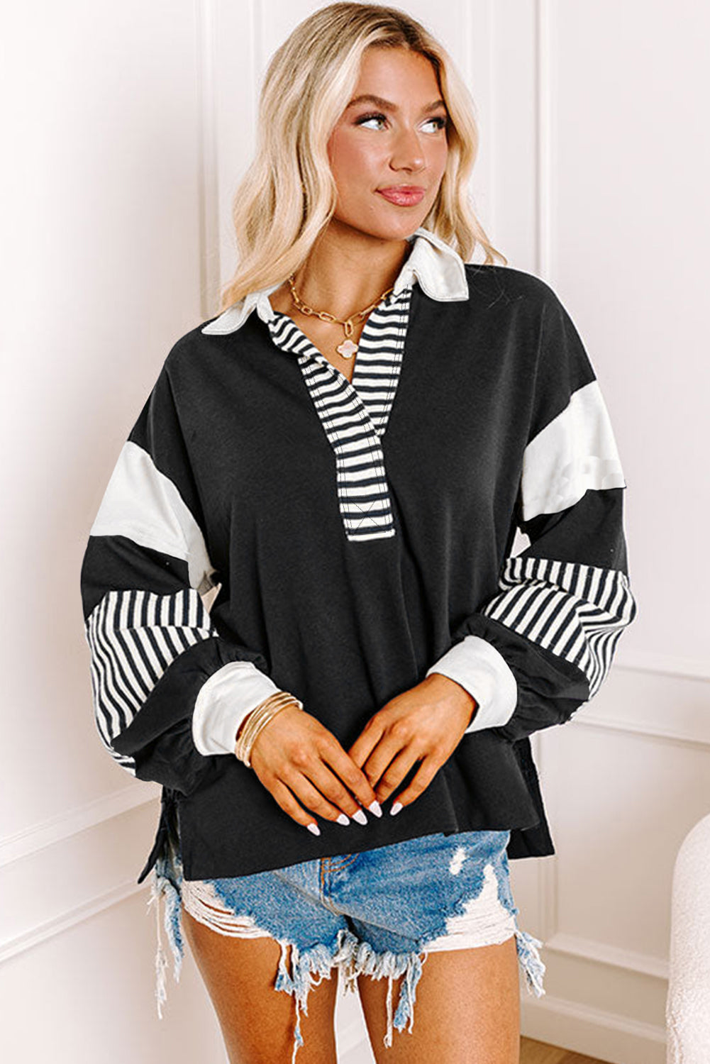 Black Striped Colorblock Patchwork Collar Sweatshirt Sweatshirts & Hoodies JT's Designer Fashion