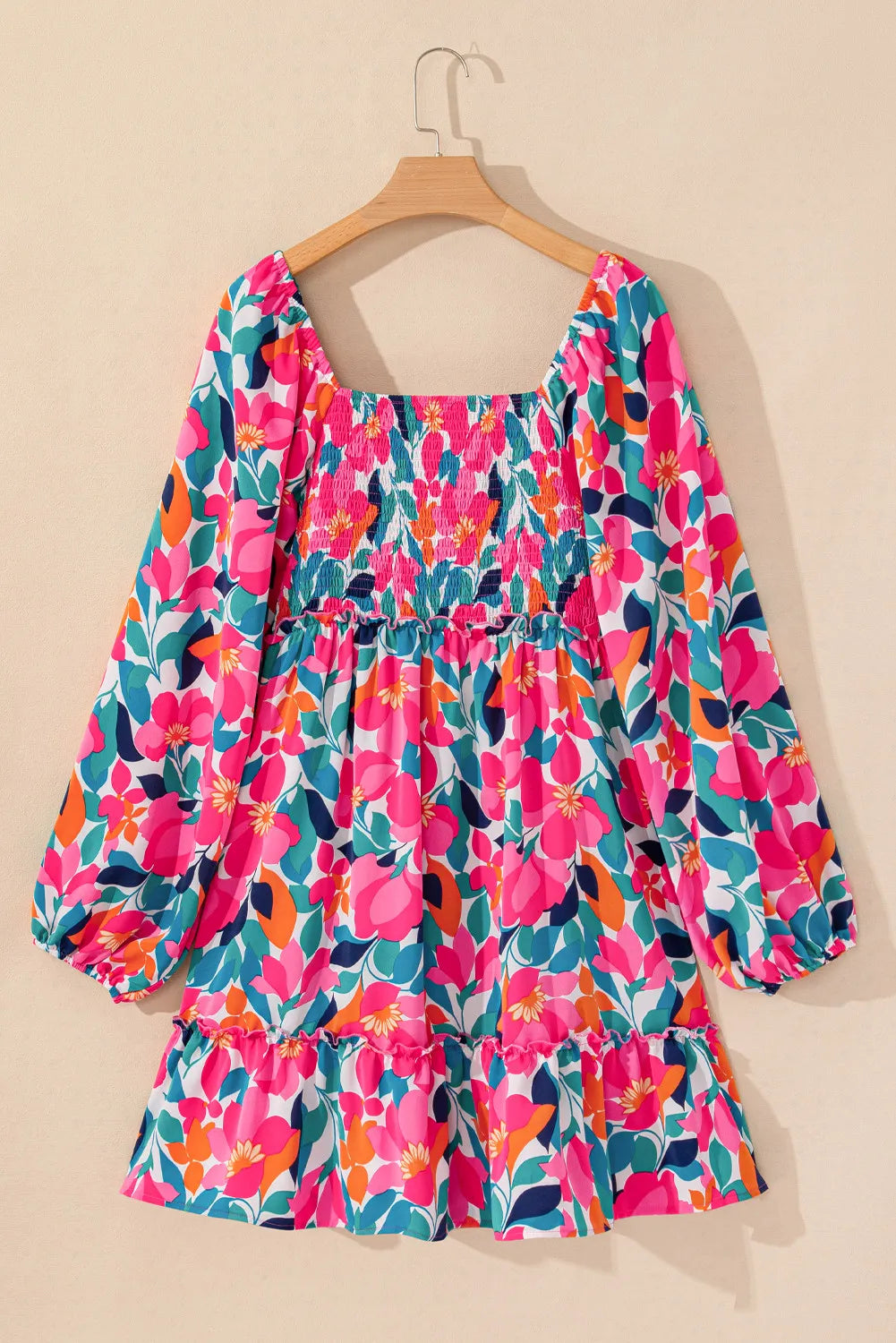 Plus Size Smocked Floral Square Neck Balloon Sleeve Dress Mini Dresses JT's Designer Fashion