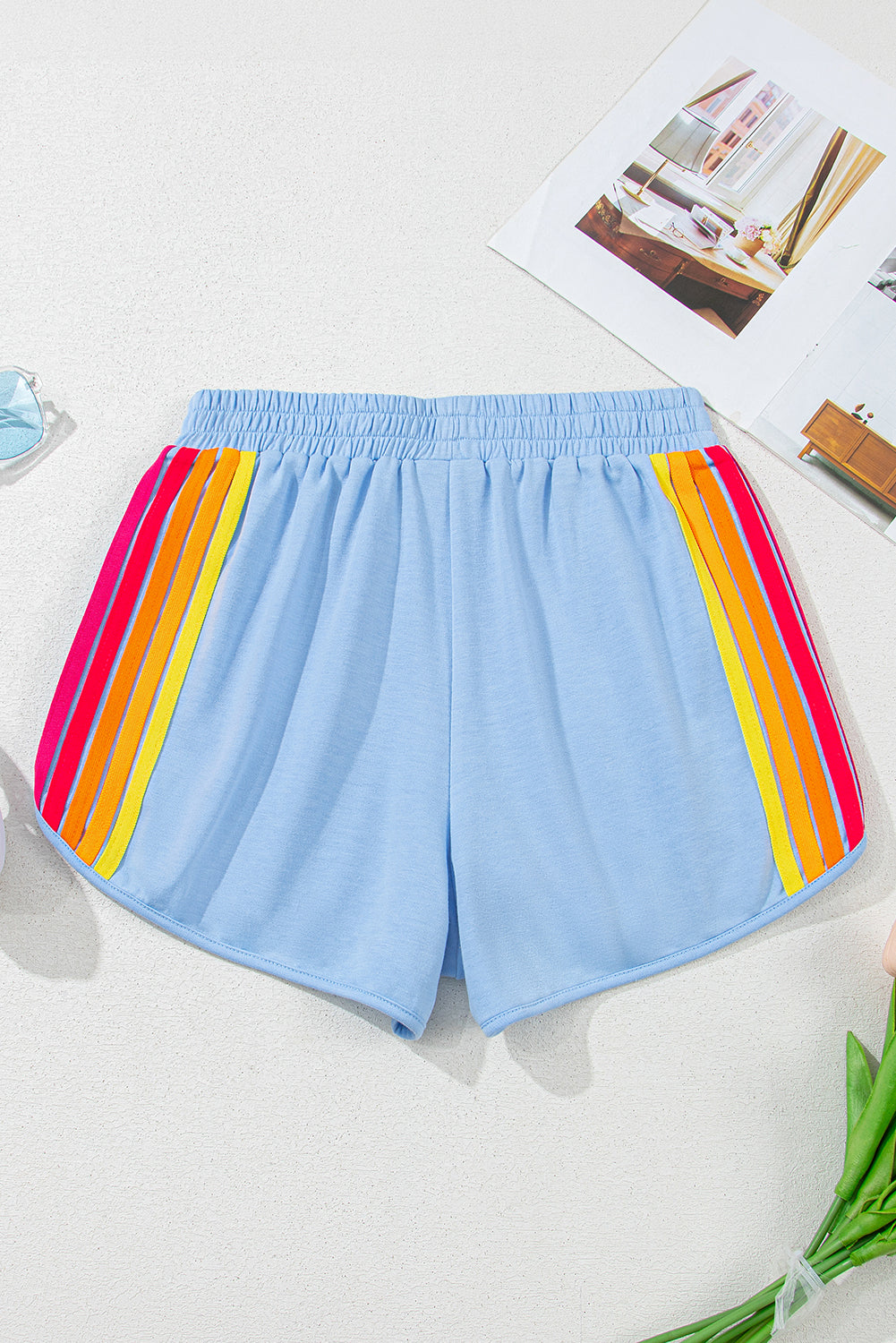 Beau Blue Color Block Stripes Elastic High Waist Active Shorts Casual Shorts JT's Designer Fashion