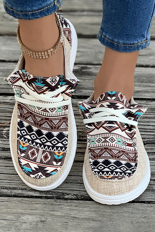 Brown Vintage Aztec Patchwork Lace-up Decor Flat Shoes Women's Shoes JT's Designer Fashion