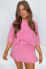 Sachet Pink Loose Fit Half Sleeve T Shirt and High Waist Skirt Set Two Piece Dresses JT's Designer Fashion