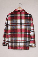 Fiery Red Geometric Plaid Print Pocketed Shacket Plaid Shackets JT's Designer Fashion