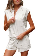 Beige Bow Print Half Zip Tank and Shorts 2pcs Set Short Sets JT's Designer Fashion