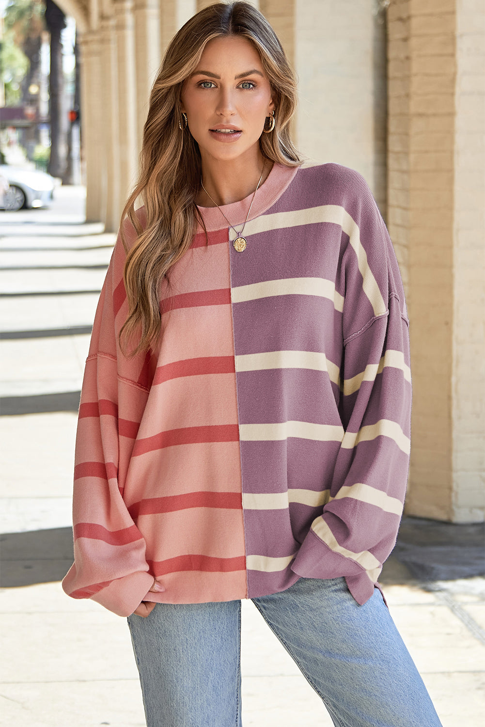 Pink Stripe Colorblock Oversized Sweater Pink Stripe 50%Viscose+28%Polyester+22%Polyamide Sweaters JT's Designer Fashion