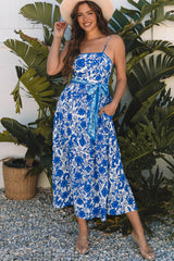 Blue Floral Printed Spaghetti Strap Maxi Dress with Waist Tie Blue 100%Polyester Floral Dresses JT's Designer Fashion