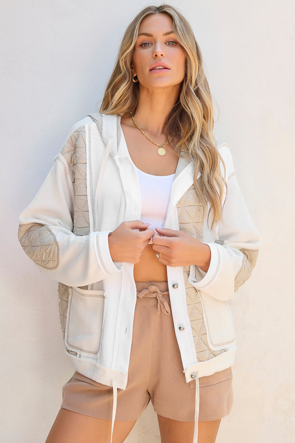 Beige Quilted Textured Patchwork Loose Fit Hooded Jacket Beige 95%Polyester+5%Elastane Jackets JT's Designer Fashion