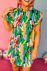Green Abstract Print Frilled Neck Ruffled Sleeve Mini Dress Dresses JT's Designer Fashion
