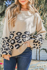 Khaki Leopard Patchwork Knitted Puff Sleeve Sweater Sweaters & Cardigans JT's Designer Fashion