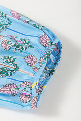 Sky Blue Floral Striped Print Shirred Yoke Split Neck Blouse Blouses & Shirts JT's Designer Fashion
