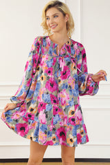 Multicolour Floral Tie Neck Bubble Sleeve Shift Dress Floral Dresses JT's Designer Fashion