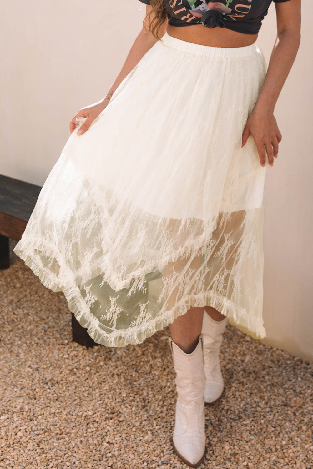 Beige Lace Cascading Tiered High Waist Maxi Skirt Skirts & Petticoat JT's Designer Fashion