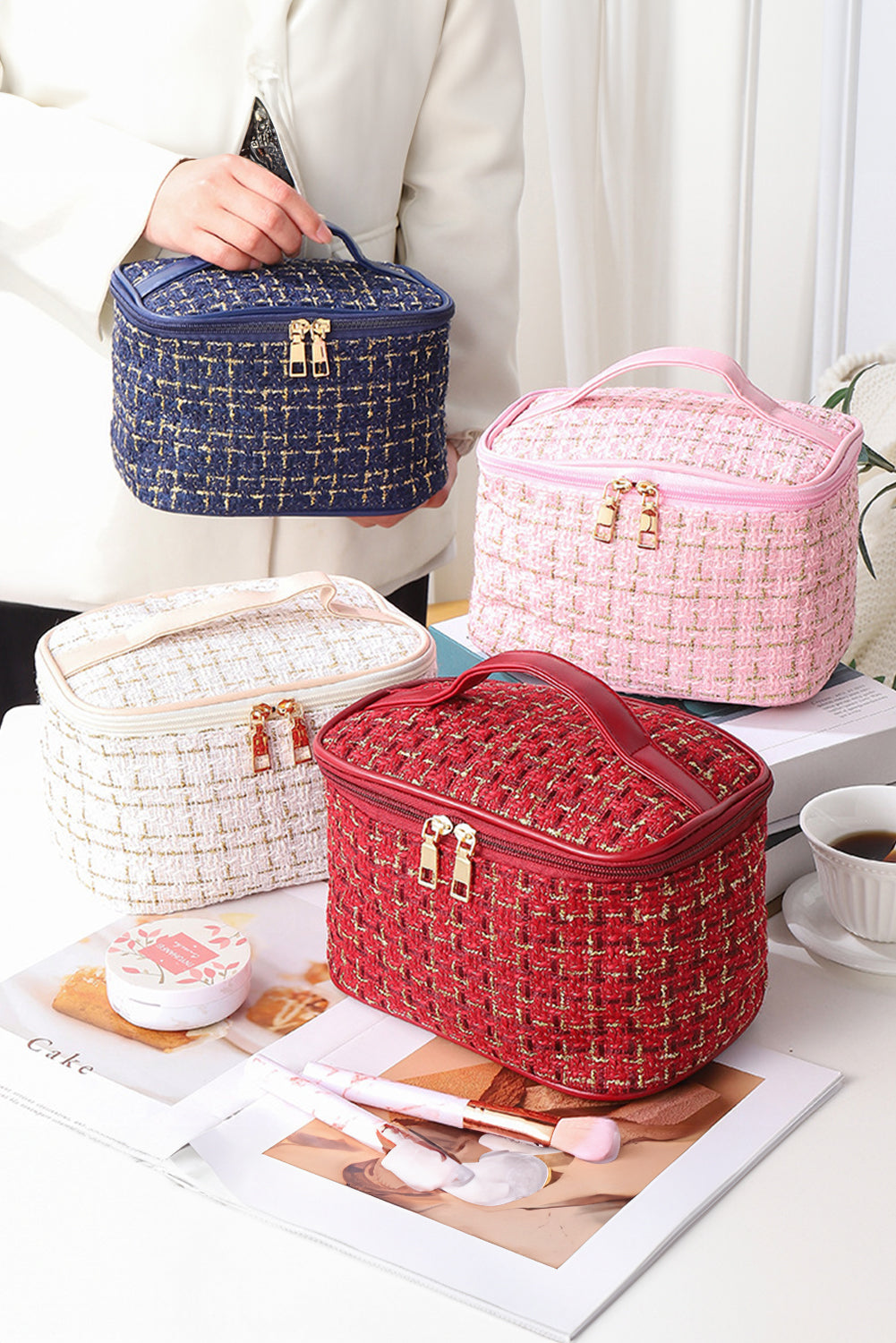 Fiery Red Plaid Zipper Large Cosmetic Bag with Handle Makeup Bags JT's Designer Fashion