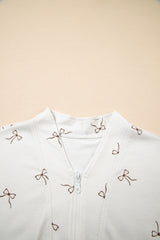 Beige Bow Print Half Zip Tank and Shorts 2pcs Set Short Sets JT's Designer Fashion