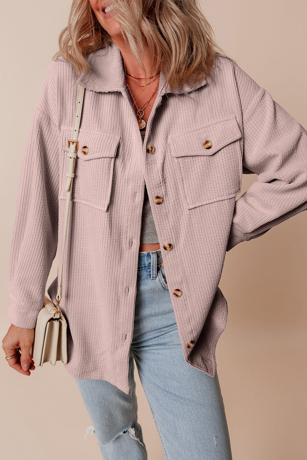 Light Pink Corduroy Flap Pocket Button Up Shacket Jackets JT's Designer Fashion