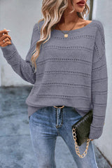 Light Grey Boat Neck Drop Shoulder Pointelle Knit Sweater Sweaters JT's Designer Fashion