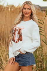 White Embroidered Bow Boots Graphic Drop Shoulder Sweater Sweaters JT's Designer Fashion