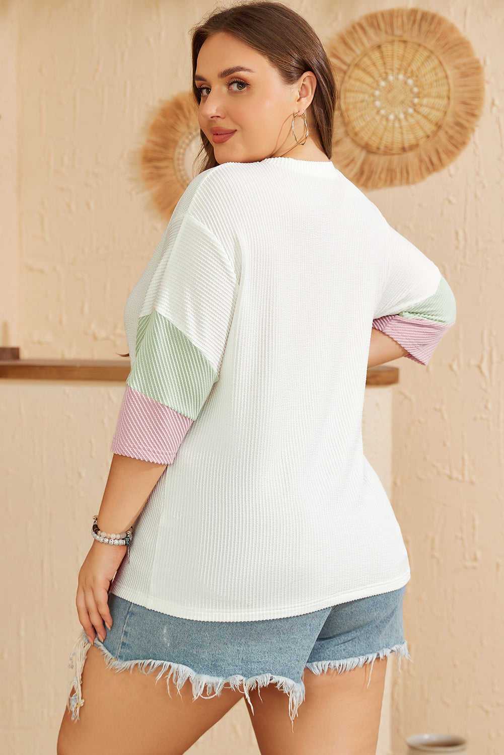 White Textured Colorblock Patchwork Half Sleeve Plus T Shirt Plus Size JT's Designer Fashion